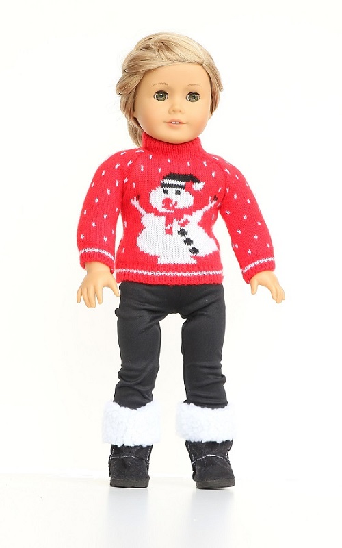 18 Inch Doll Red Snowman Sweater Black Leggings 1