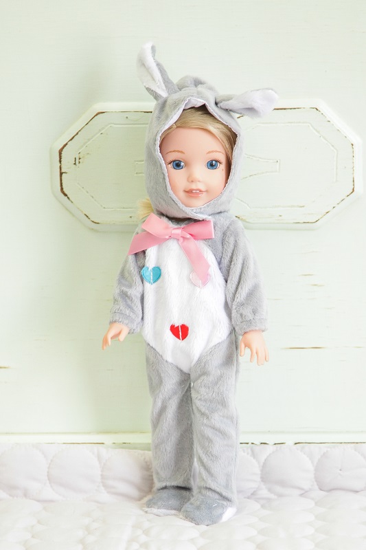 14.5 Wellie Wisher Doll Gray Easter Bunny Costume