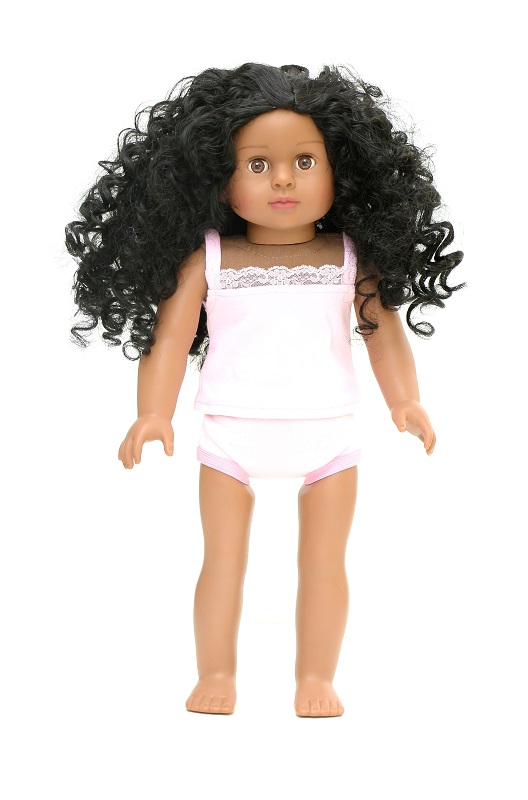doll with brown curly hair and brown eyes
