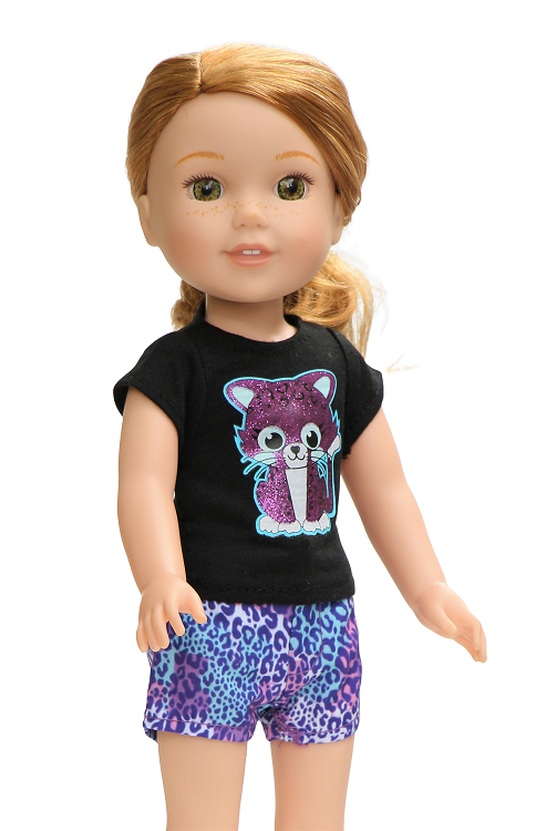 14.5" Wellie Wisher Doll Leopard Kitty Short Set