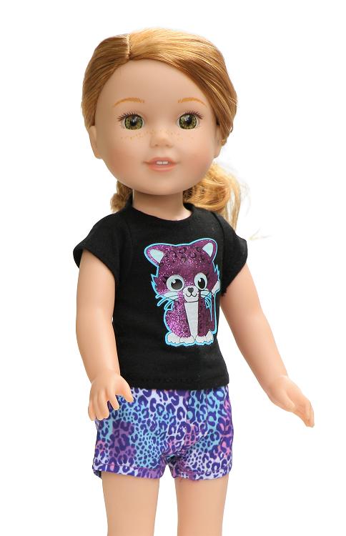 14.5 wellie wisher doll leopard kitty short set