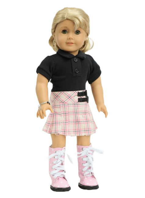 18 Doll Plaid Skirt Black Polo Shirt