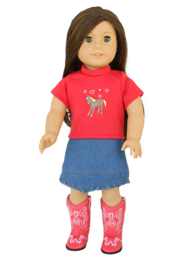 18" Doll Red Horse T-Shirt & Denim Skirt
