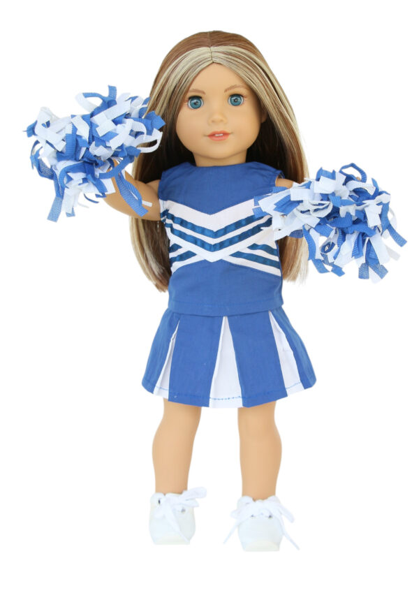 18" doll royal blue cheerleader skirt, top, & pompoms