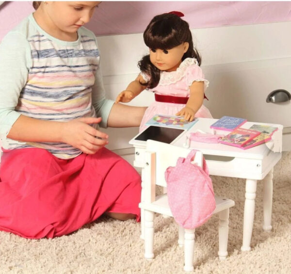 18" Doll White Wooden Desk, Chair, & Accessories