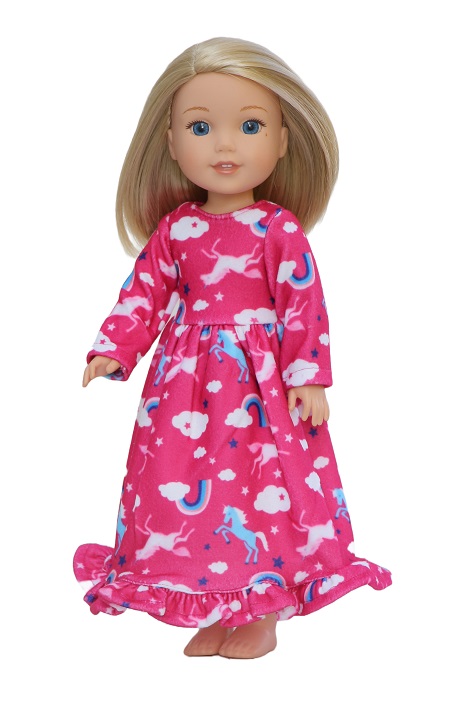 wellie wisher doll hot pink flannel unicorn nightgown