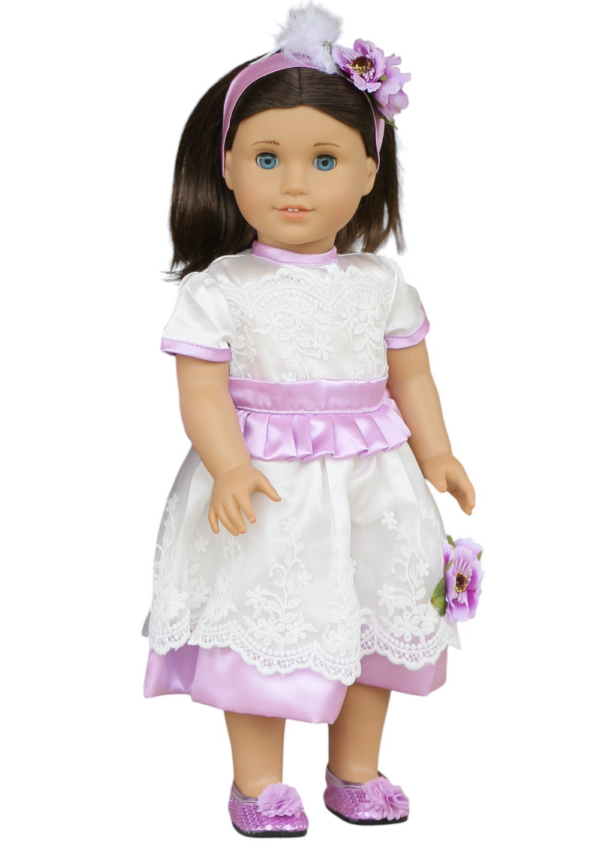 18" Doll Lavender Satin White Lace Dress & Headband