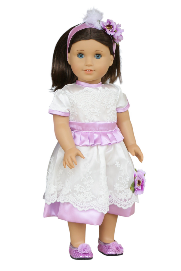 18" Doll Lavender Satin White Lace Dress & Headband