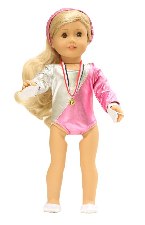 18 inch doll 6 piece metallic pink gymnastic outfit