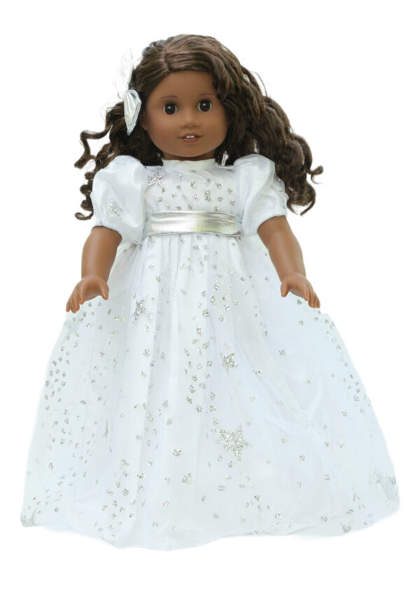 18 inch doll silver stars white gown hair bow