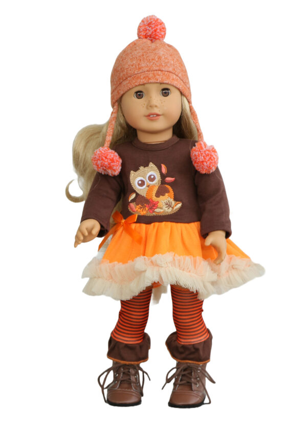 18" Doll Fall Owl Dress, Leg Warmers, & Hat