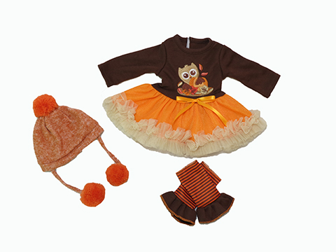 18" Doll Fall Owl Dress, Leg Warmers, & Hat