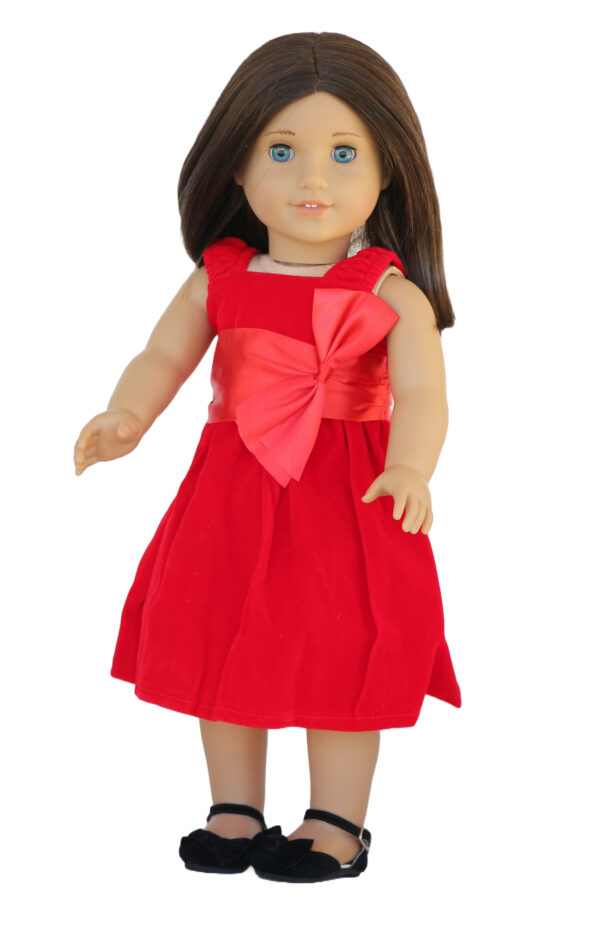 18" Doll Red Velvet Holiday Dress & Black Velvet Shoes