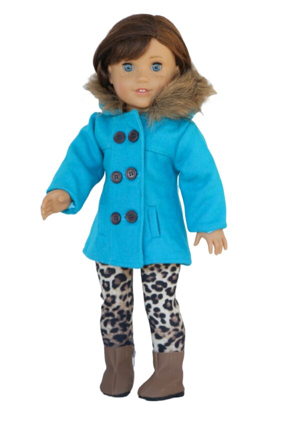 18" Doll Turquoise Pea Coat, Leopard Leggings & Boots