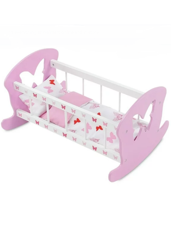 doll sized wooden pink white butterfly cradle