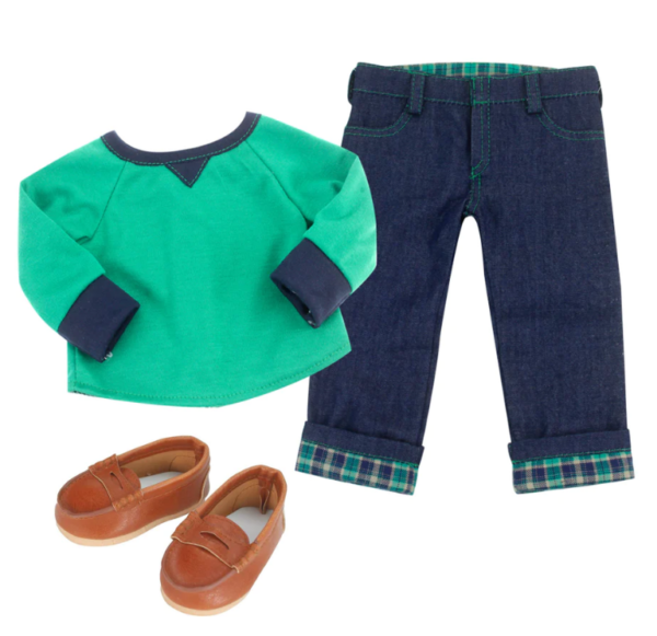 green shirt jeans penny loafers