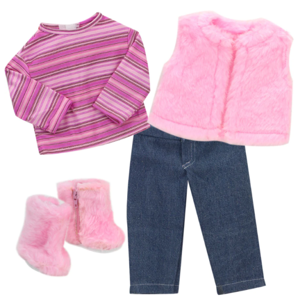 18" Doll Jeans, Stripe T-Shirt, Faux Fur Vest, & Boots