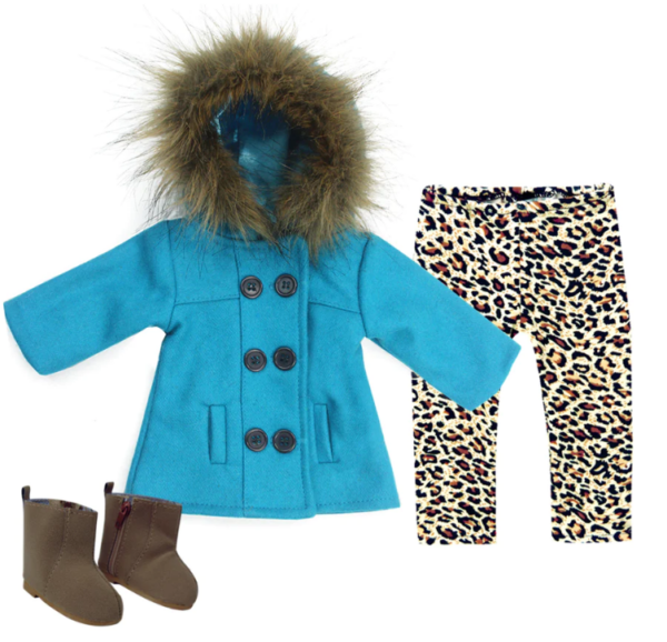 18" Doll Turquoise Pea Coat, Leopard Leggings & Boots