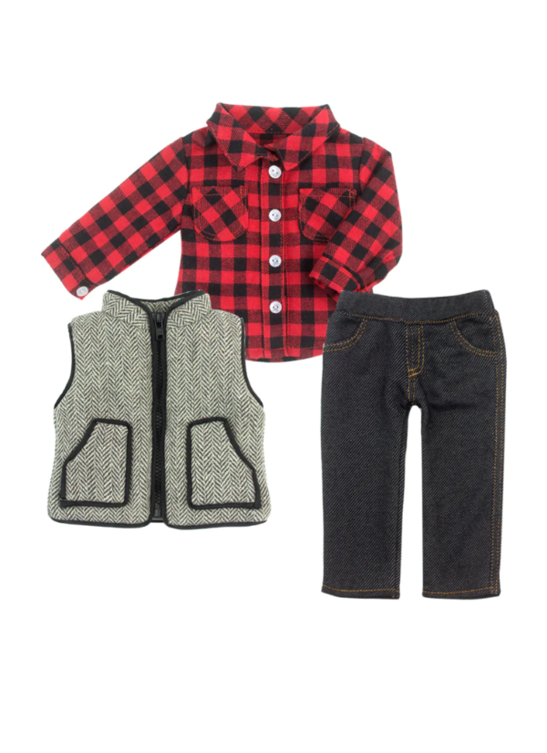 18" Doll Buffalo Check Shirt, Jeggings, & Herringbone Vest