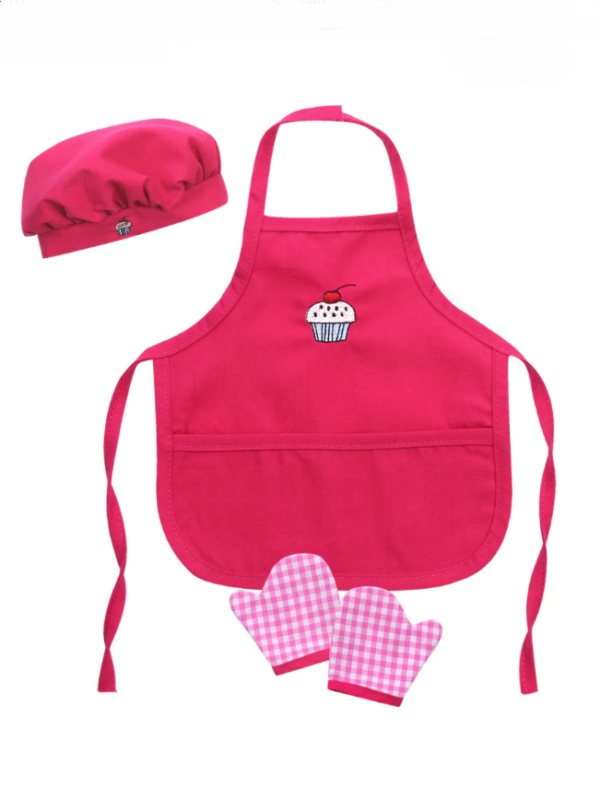 18" Doll Cupcake Baking Apron, Hat, & Gingham Oven Mitts