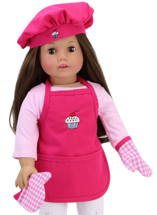 18" Doll Cupcake Baking Apron, Hat, & Gingham Oven Mitts