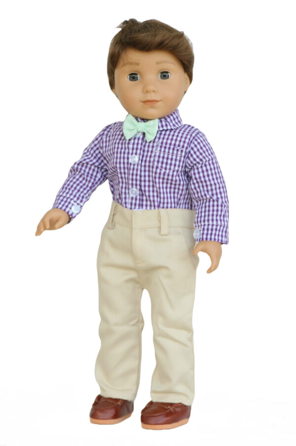 18" Boy Doll Gingham Shirt, Khaki Pants, & Bow Tie