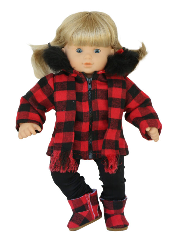 15″ Doll Buffalo Check Coat, Scarf, Leggings, & Boots Outfit