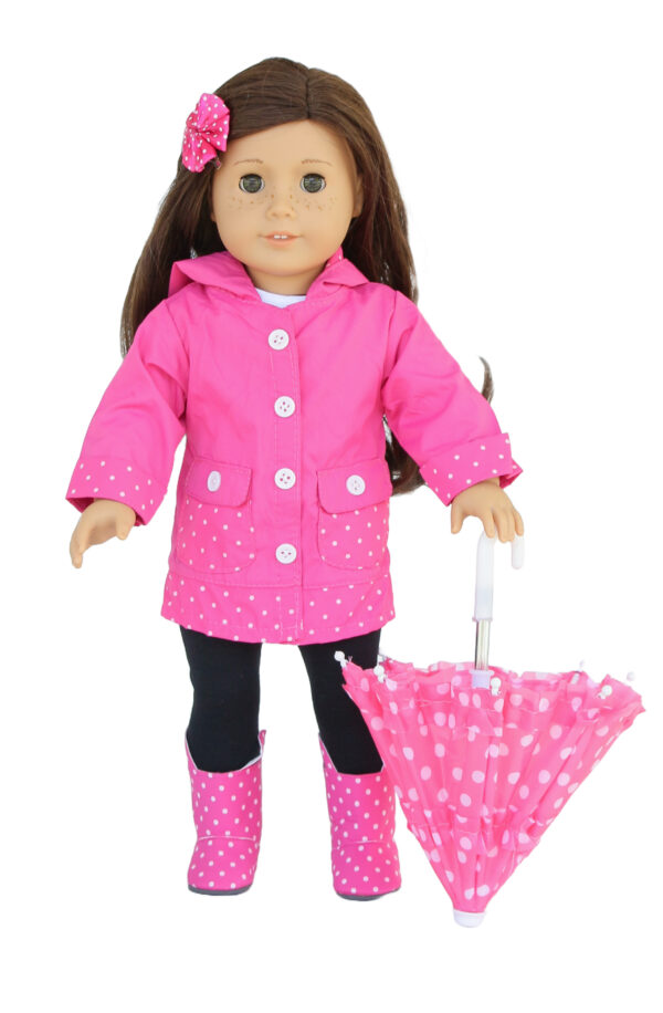 18″ Doll Pink Polka Dot Raincoat Set The Doll Boutique