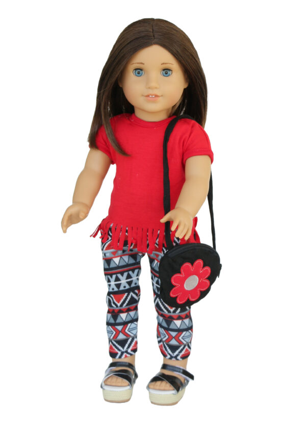 18" Doll Red T-Shirt, Print Leggings, & Purse