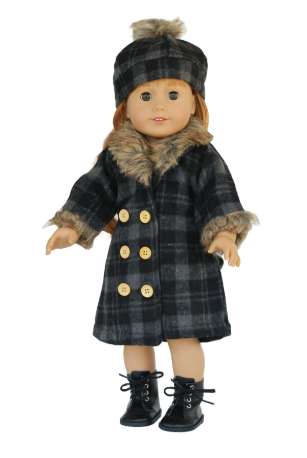 18" Doll Wool Plaid Double Breasted Coat & Hat