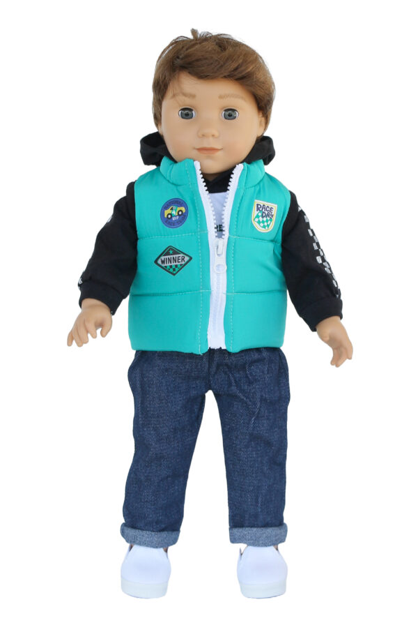 18" Boy Doll Aqua Race Puffer Vest Outfit