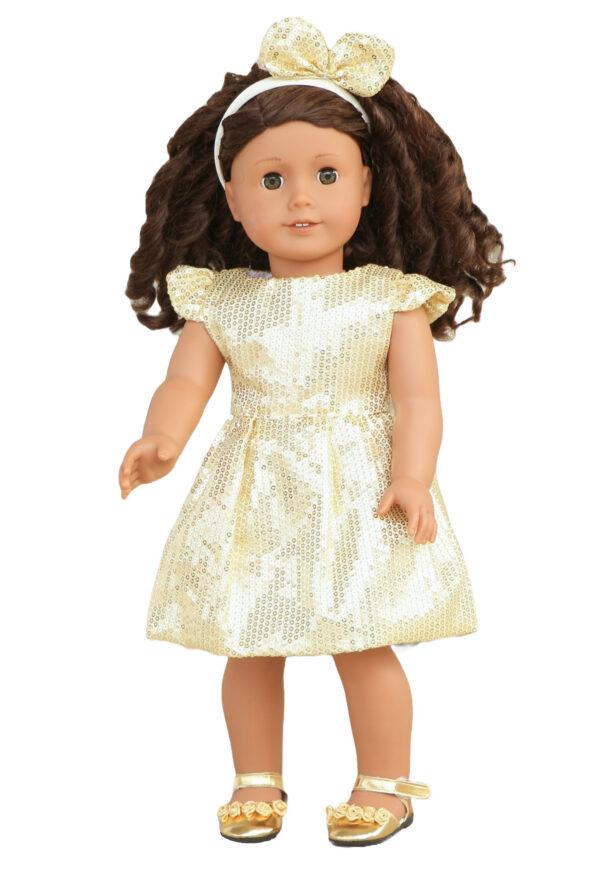18" Doll Gold Sequin Dress, Headband, & Shoes