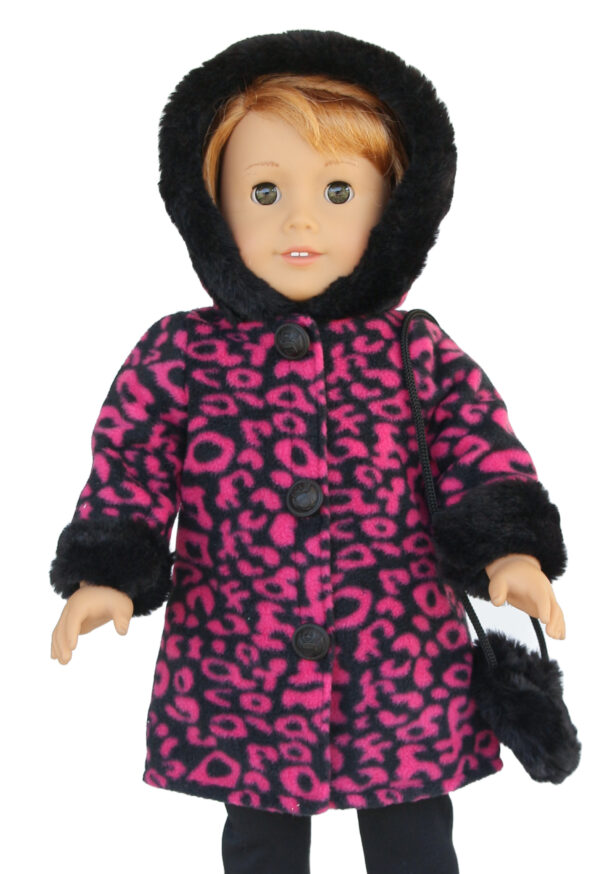 18" Doll Hot Pink Leopard Hooded Fur Coat & Purse