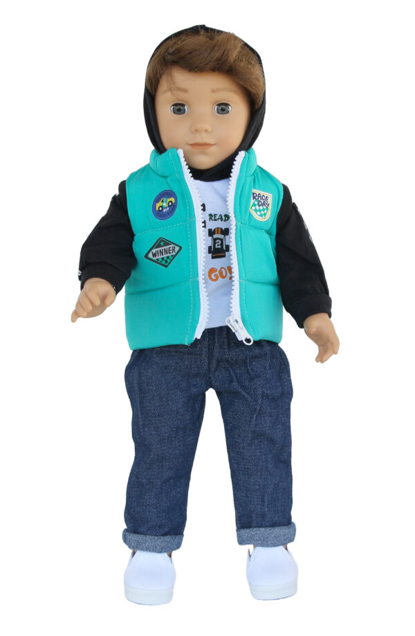 18" Boy Doll Aqua Race Puffer Vest Outfit