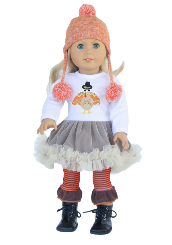 18″ Doll Fall Turkey Dress, Leg Warmers, & Hat