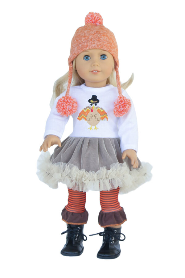 18″ Doll Fall Turkey Dress, Leg Warmers, & Hat