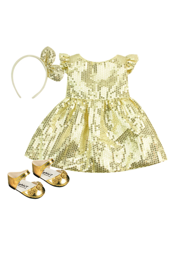 18" Doll Gold Sequin Dress, Headband, & Shoes
