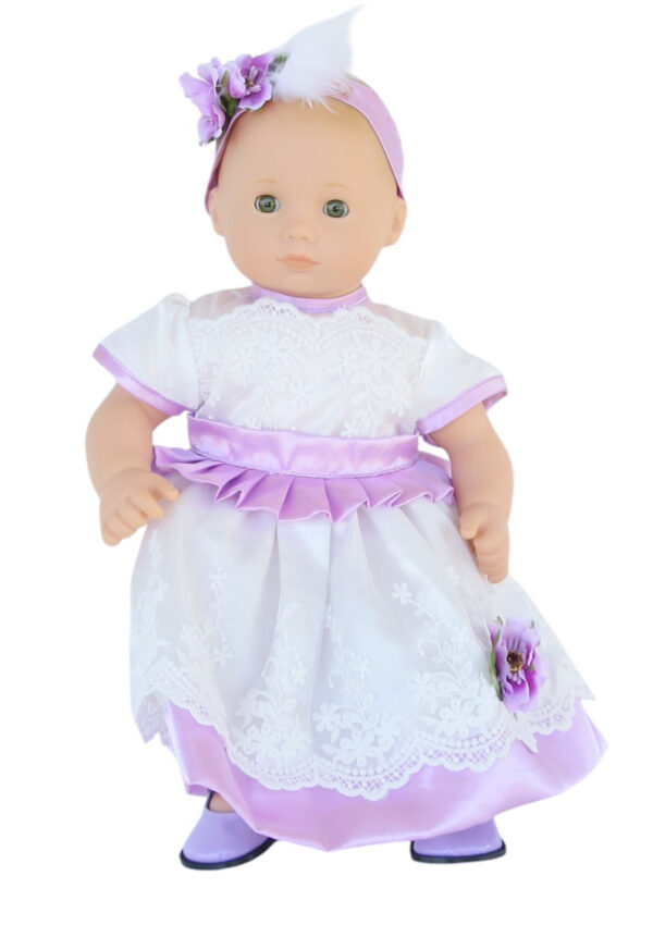 15″ Bitty Baby Doll Lavender Satin White Lace Dress & Headband