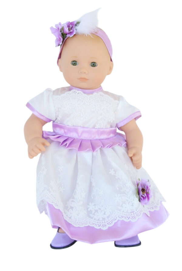 15″ Bitty Baby Doll Lavender Satin White Lace Dress & Headband