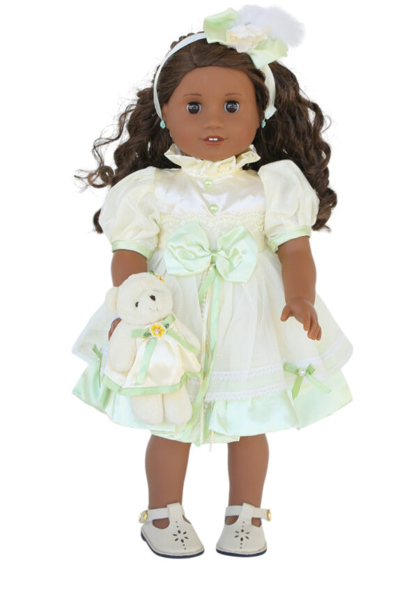 18" Doll Ivory/Green Satin Dress & Matching Mini Bear