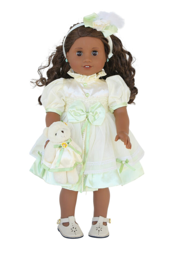 18" Doll Ivory/Green Satin Dress & Matching Mini Bear