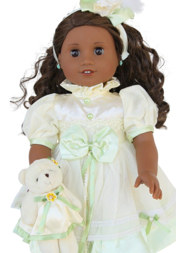 18" Doll Ivory/Green Satin Dress & Matching Mini Bear