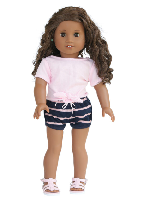 18" Doll Striped Shorts & Pink Tie Front T-Shirt