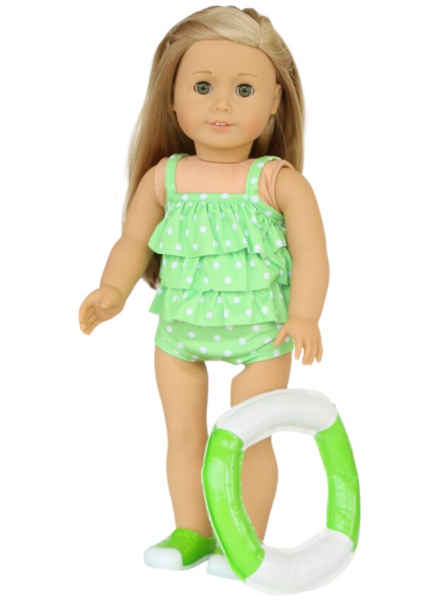 18" doll lime green tankini, swim ring & water shoes