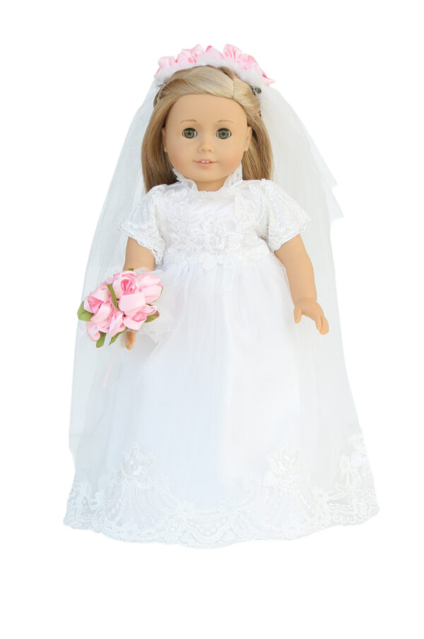 18" doll beautiful white wedding gown, veil, and bouquet