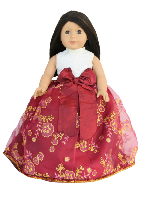 18" doll red & ivorygold floral ball gown