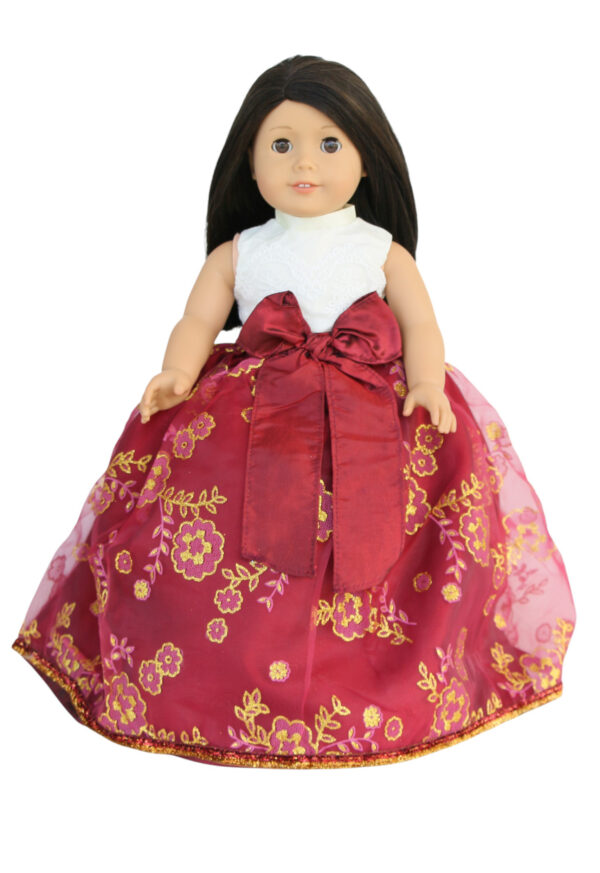 18" doll red & ivorygold floral ball gown