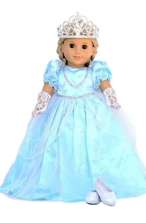 18″ doll blue princess gown, tiara & gloves