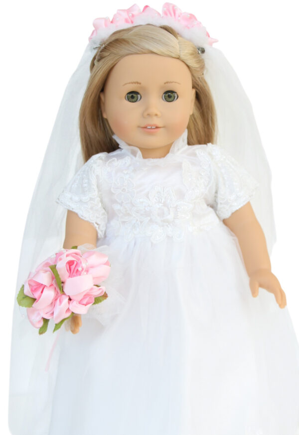 18" doll beautiful white wedding gown, veil, and bouquet